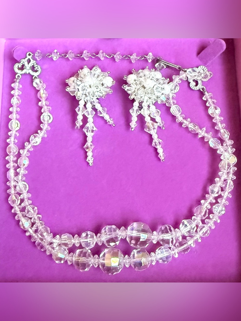Vintage Buckingham AB Crystal Double-Strand Necklace Clip Earrings Boxed Set